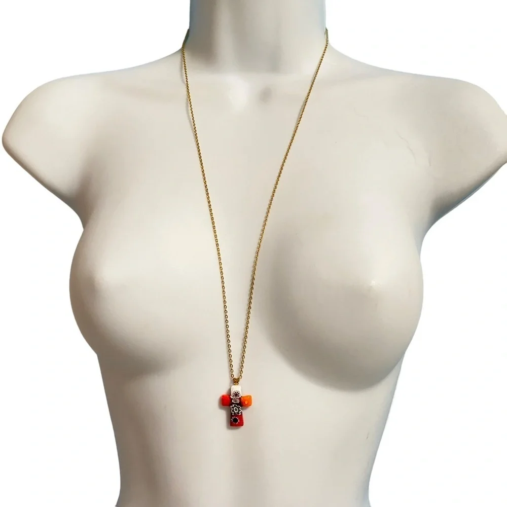 Art Glass Millefiori Christian Cross Pendant Necklace on Vintage Gold To…